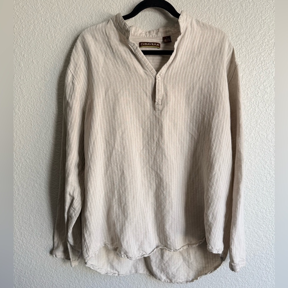 Cubavera linen large beige pin stripe top button sleeves and chest